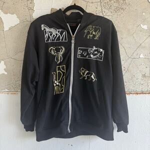 Vintage Mureli Sweatshirt Embroidered Safari Animal Full Zip Black Gold Womens L